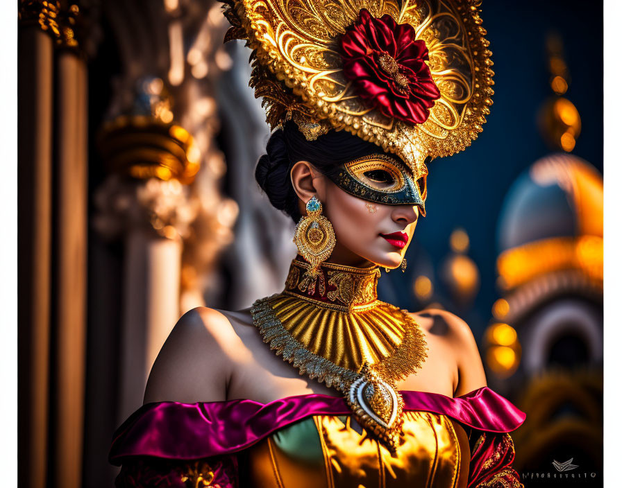 Person in ornate costume with gold headdress and mask posing by golden domes