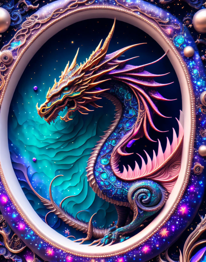 Detailed mythical dragon illustration with ornate frame on starry backdrop