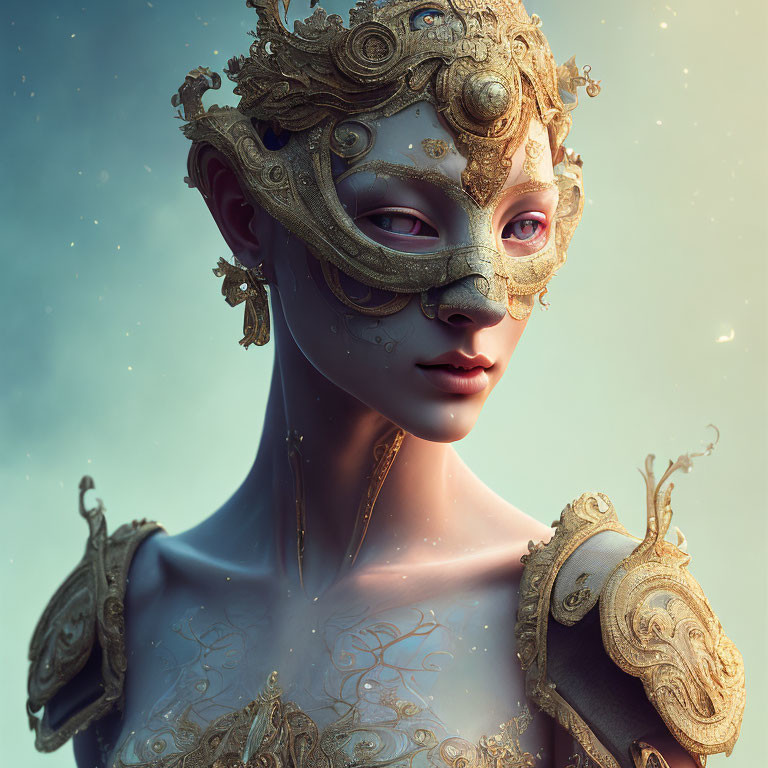 Portrait of Woman in Golden Masquerade Mask and Costume on Soft Blue Background