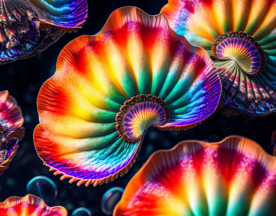 Colorful iridescent shell-like structures on dark background