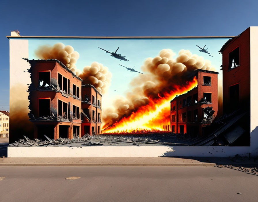 3D mural of fiery explosion and destroyed buildings with planes overhead