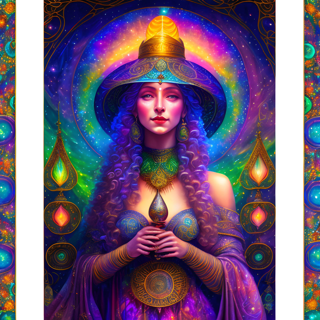 Colorful Illustration of Woman in Mystical Attire with Cosmic Patterns