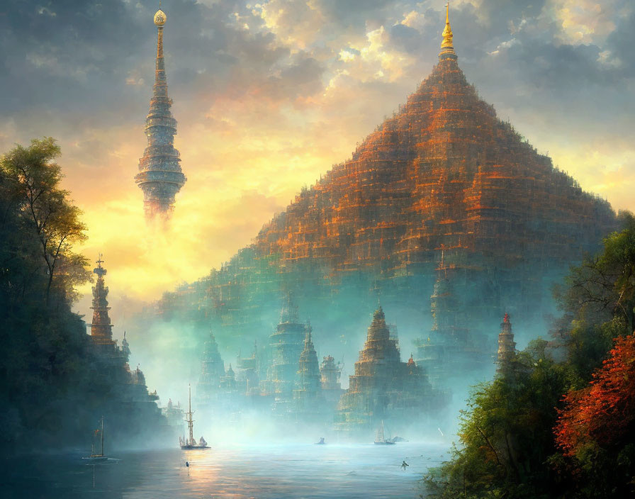 Mystical river landscape with pyramid-like temple and lush foliage