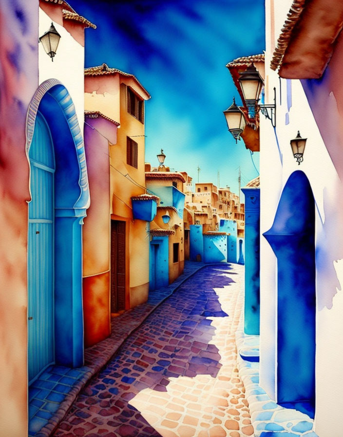 Colorful Watercolor Painting of Cobblestone Street in Charming Town