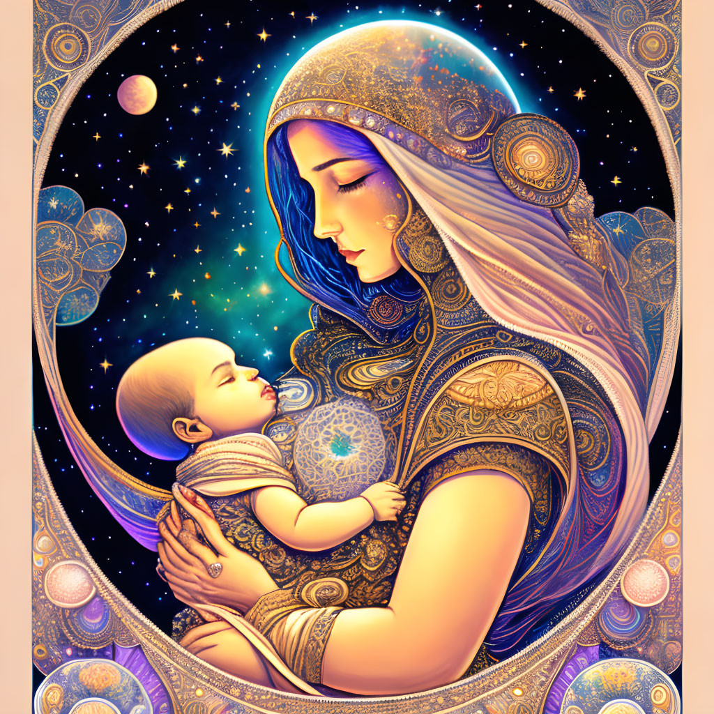 Celestial-themed illustration of woman with baby in vibrant setting