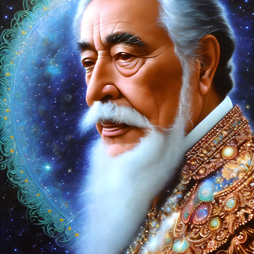 Elderly man with white beard in golden robe against cosmic background