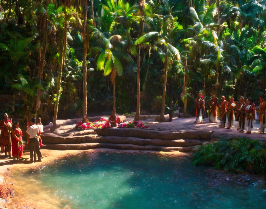 Vibrant tropical scene with people in traditional attire by serene pool