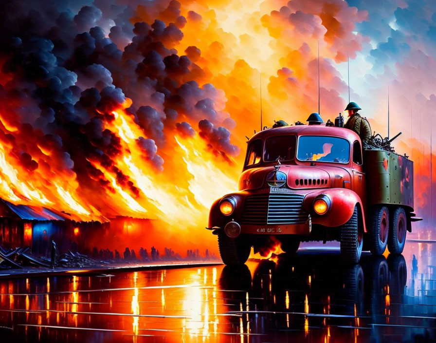 Colorful military truck driving away from fiery background with billowing smoke clouds.