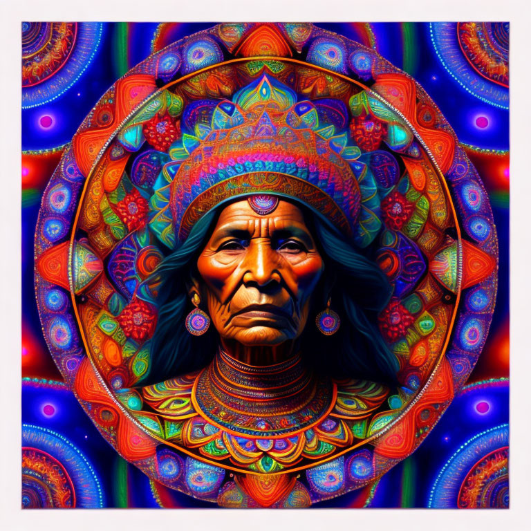 Colorful Native American Figure in Mandala Background