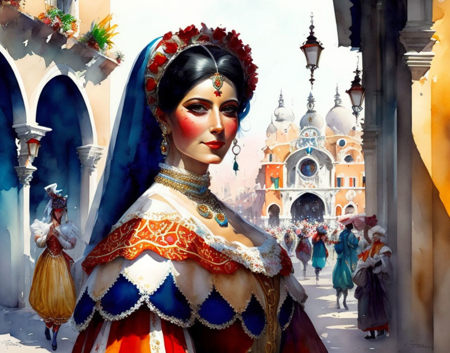 Illustrated woman in traditional attire with headpiece at European city festival