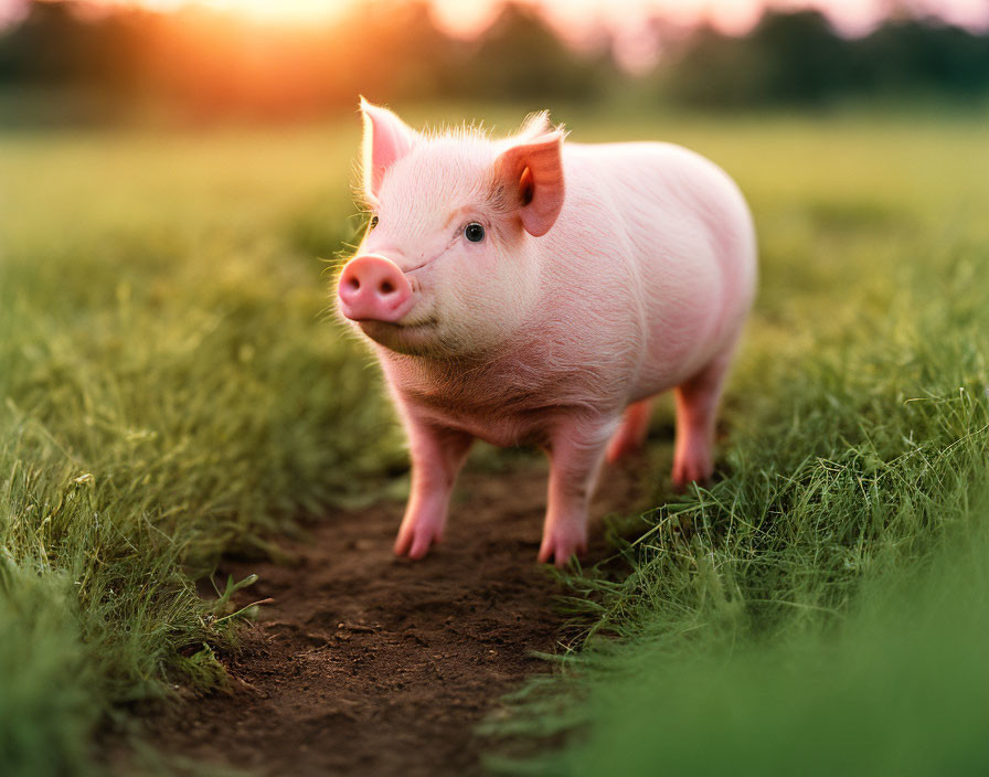 Pink pig in sunlit grassy field - tranquil pastoral scene