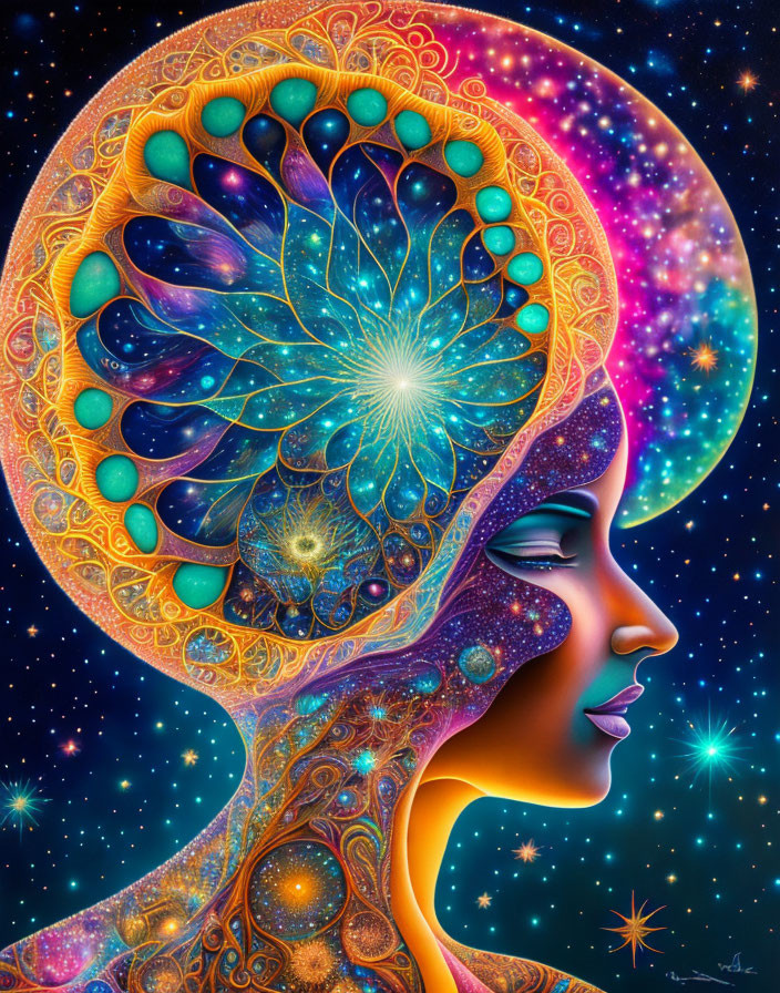 Colorful Psychedelic Artwork: Woman Profile with Fractal Brain and Cosmic Background