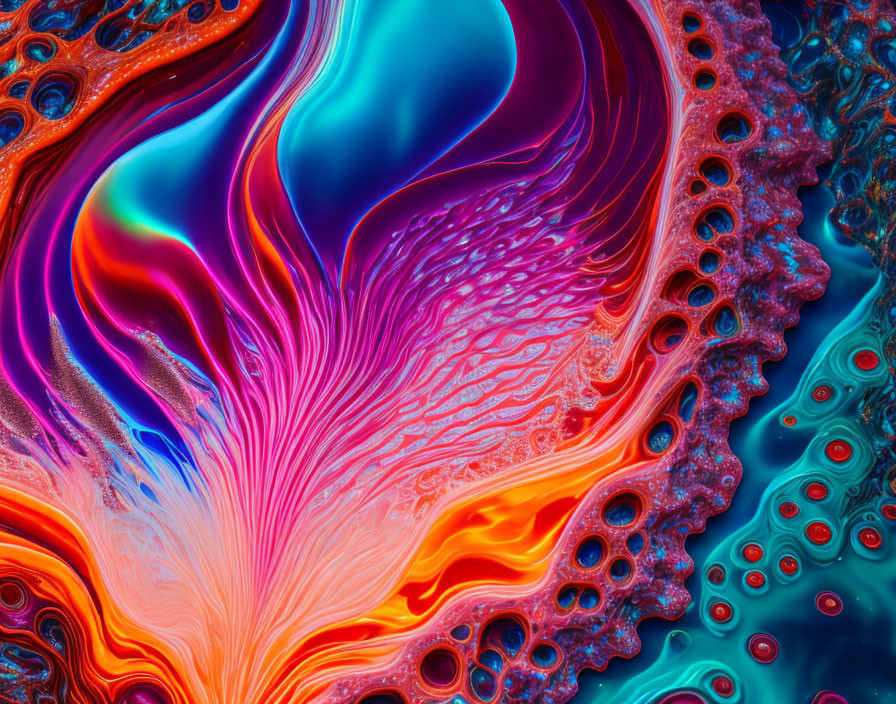 Colorful Fluid Art Close-Up: Blue, Pink, and Orange Swirling Patterns