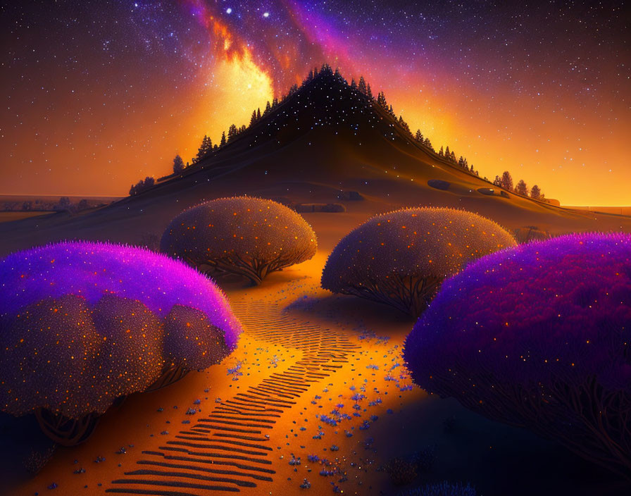 Surreal dusk landscape with glowing violet bushes and vibrant orange horizon