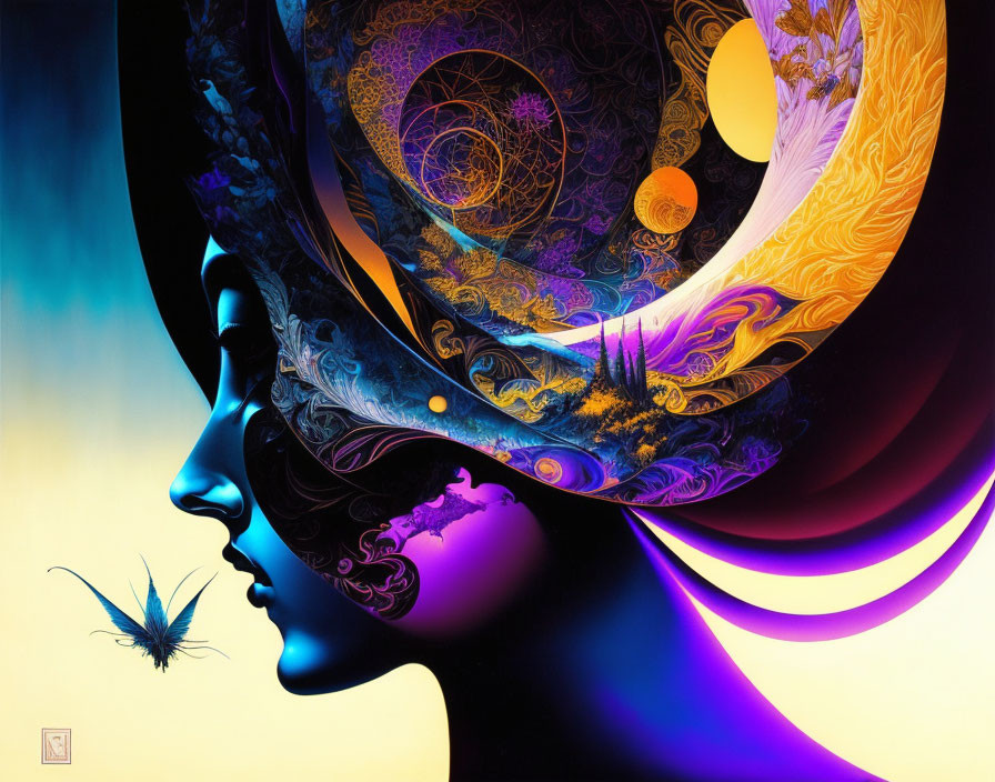 Vibrant profile face art with intricate patterns on cosmic backdrop