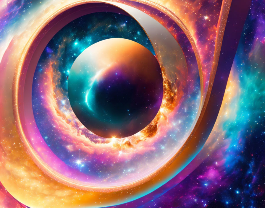 Colorful Abstract Cosmic Scene with Swirling Galaxies and Eye Motif