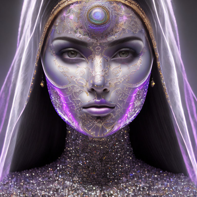 Detailed Ornate Mask with Purple and Gold Patterns on Mystical Female Figure