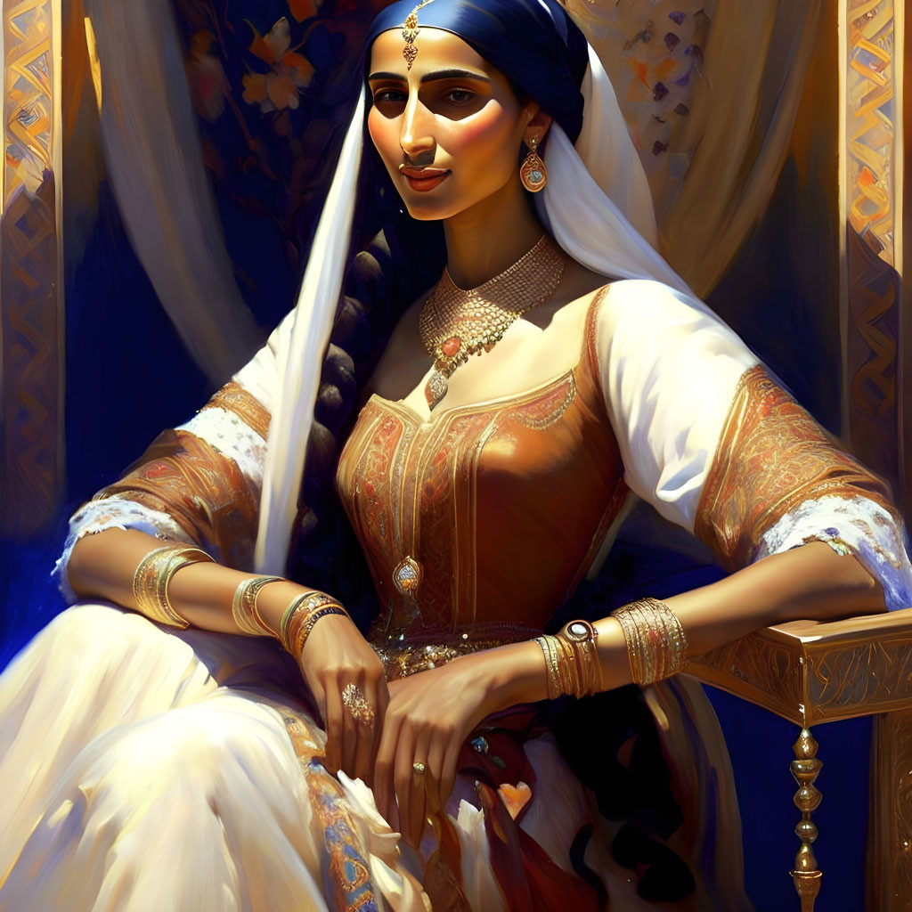 Regal woman in traditional Indian attire with intricate jewelry on blue backdrop