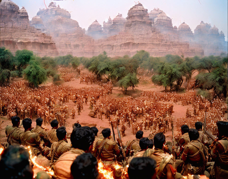 Crowd of uniformed individuals overlooking field with rocky terrain and foliage