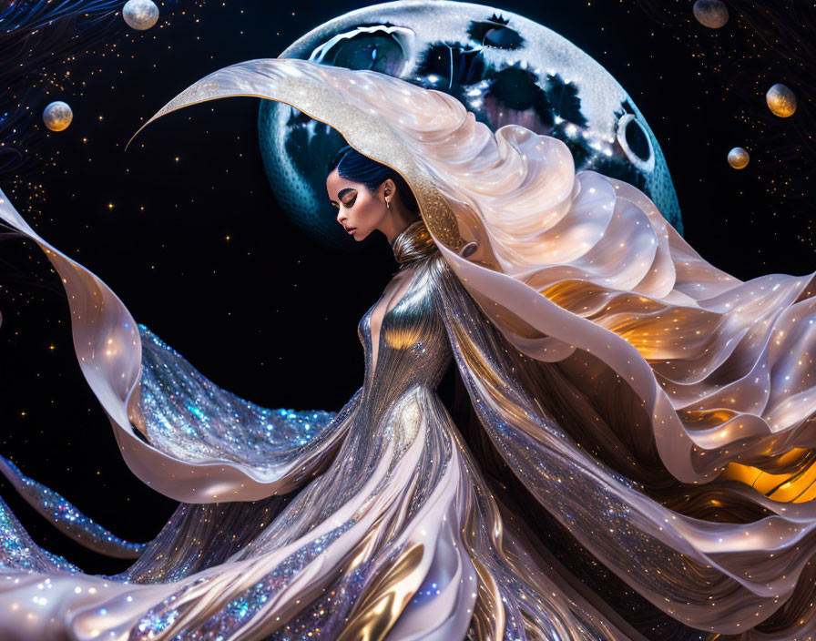 Surreal image: Woman in flowing robes against cosmic backdrop