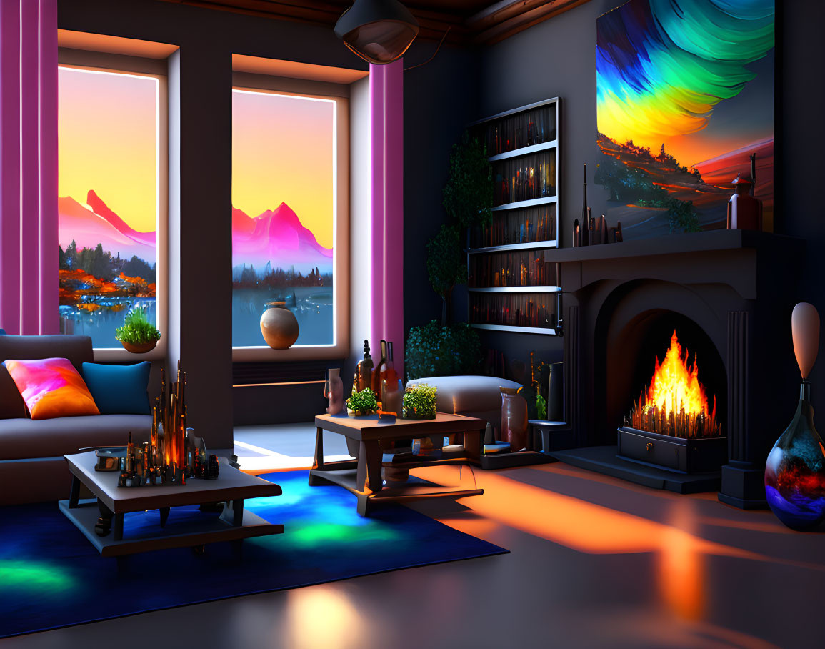 Cozy Room with Fireplace, Aurora Art, Mountain View, and Mood Lighting