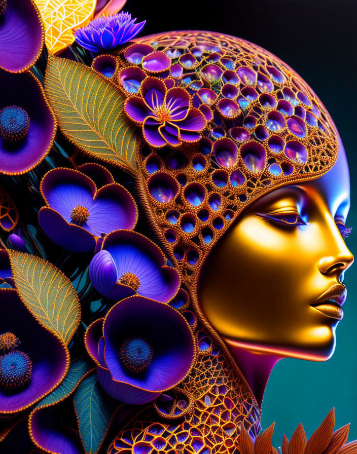 Colorful digital art: Female profile with geometric headpiece and vibrant flowers