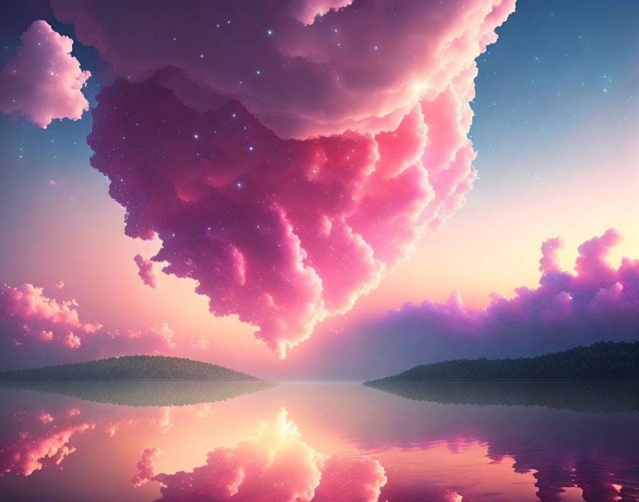 Surreal landscape with heart-shaped cloud in purple and pink sky reflected on serene lake.