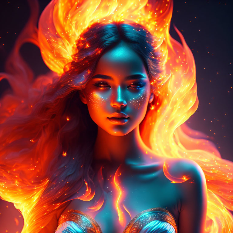 Fiery-haired woman surrounded by flames in vibrant blue and orange palette