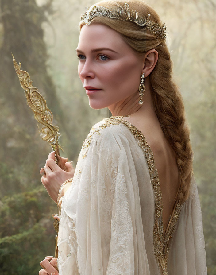 Regal woman in golden crown and ornate staff, white dress