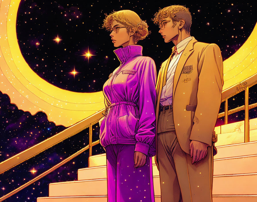 Animated man and woman in stylish jackets under starry sky with crescent moon