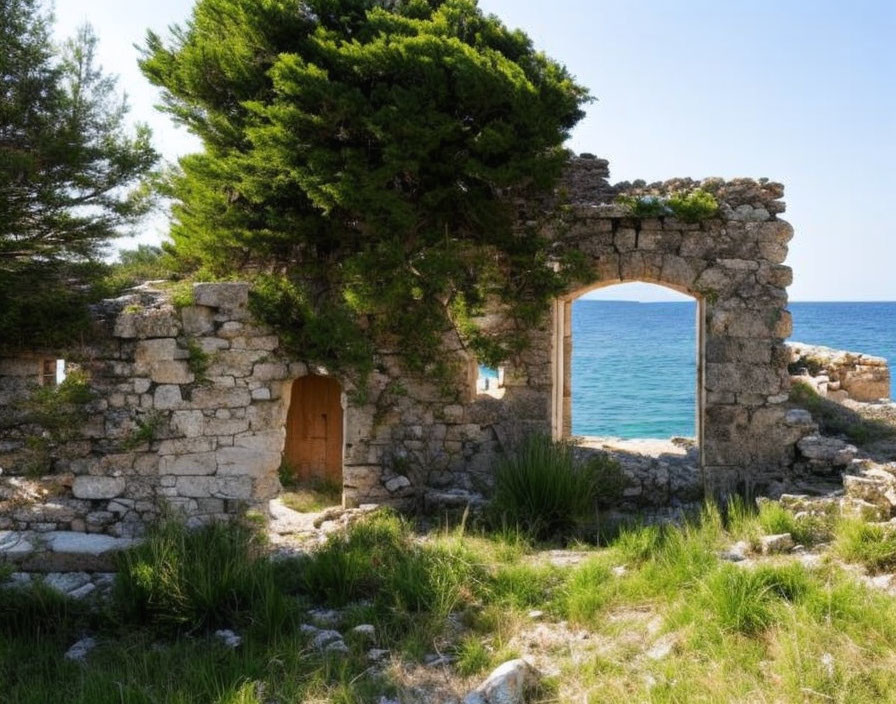 Ancient stone ruins with arched doorway by calm blue sea and green tree.