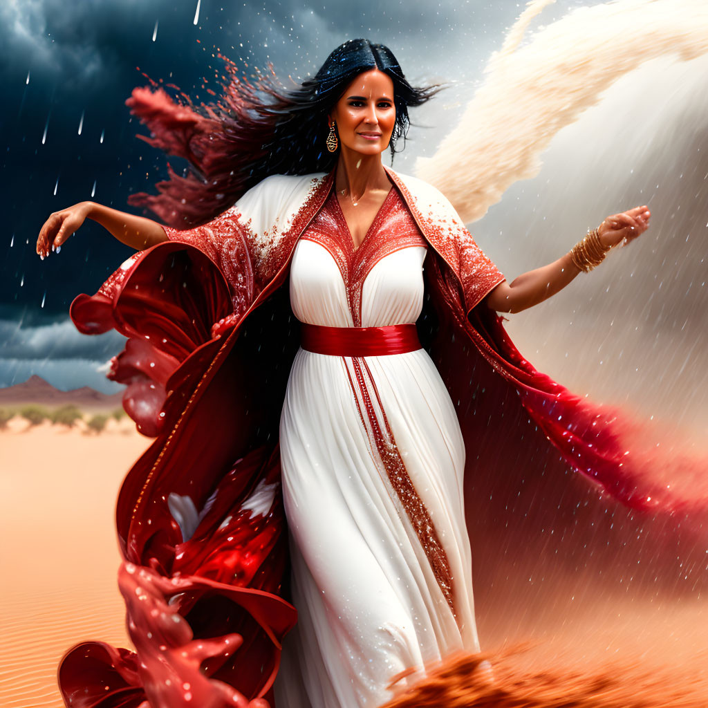 Woman in Red and White Gown Stands in Desert Storm