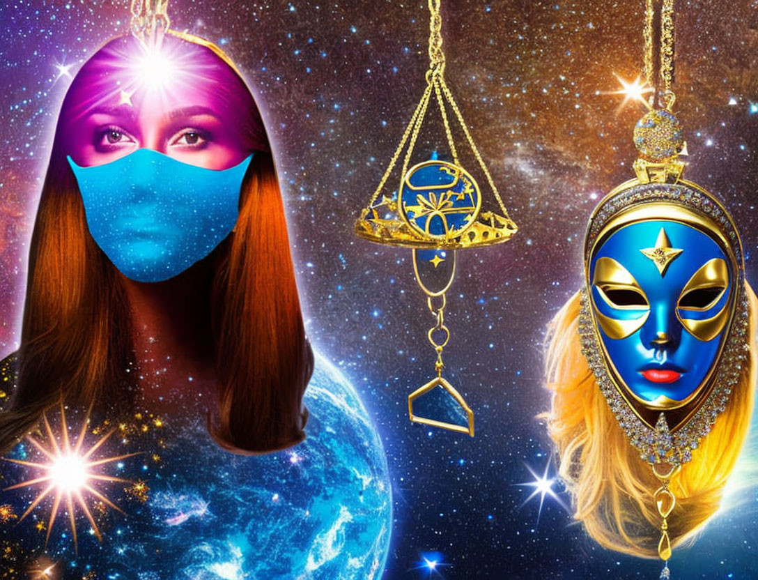 Surreal montage featuring masked faces and cosmic background