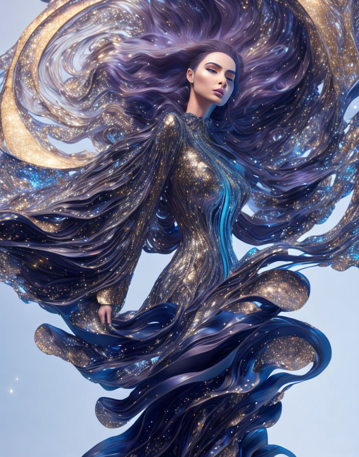 Digital artwork: Woman with starry hair and dress in cosmic swirl