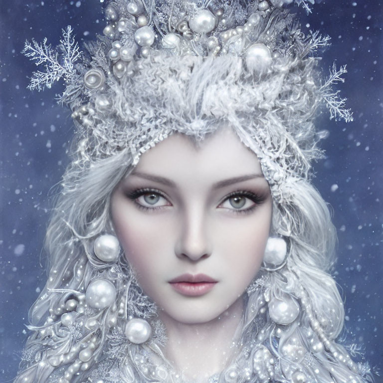 Winter Queen Illustration: Pearl Embellishments, Frosty Crown, Snowflakes in Hair