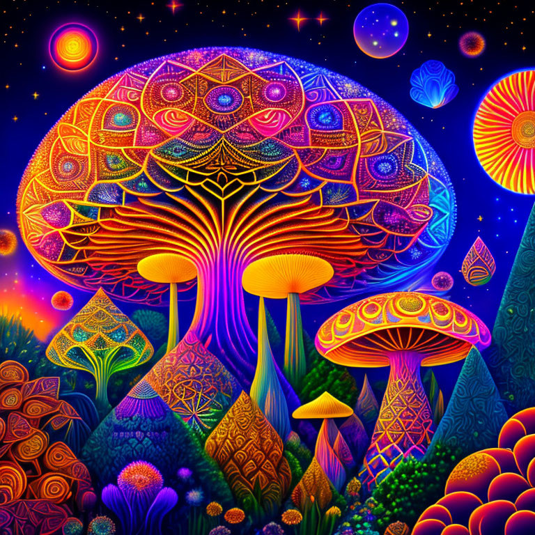 Colorful psychedelic mushroom art with intricate tree-like design on starry background.