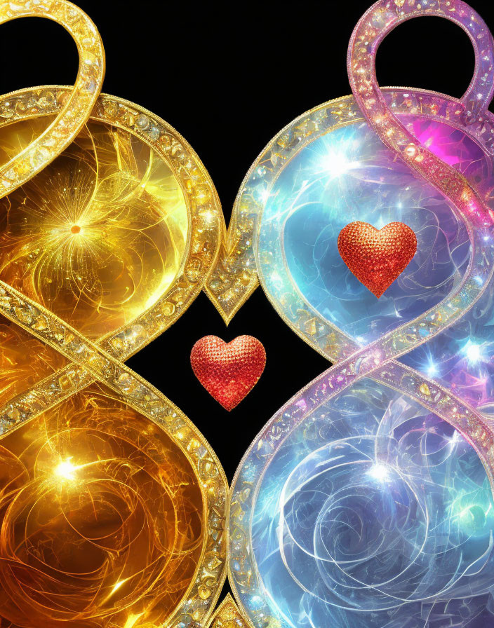 Colorful digital art: Golden and blue infinity symbols with glitters and hearts on black.