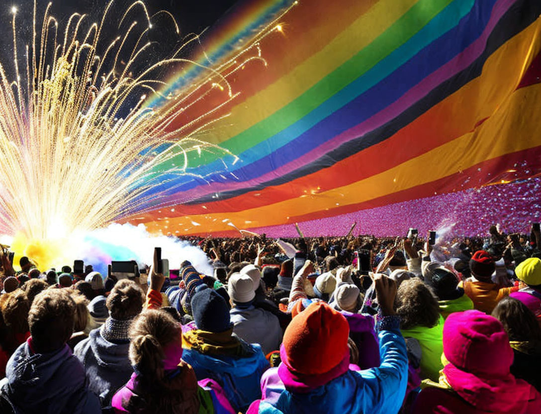 Crowd watching fireworks above giant rainbow flag