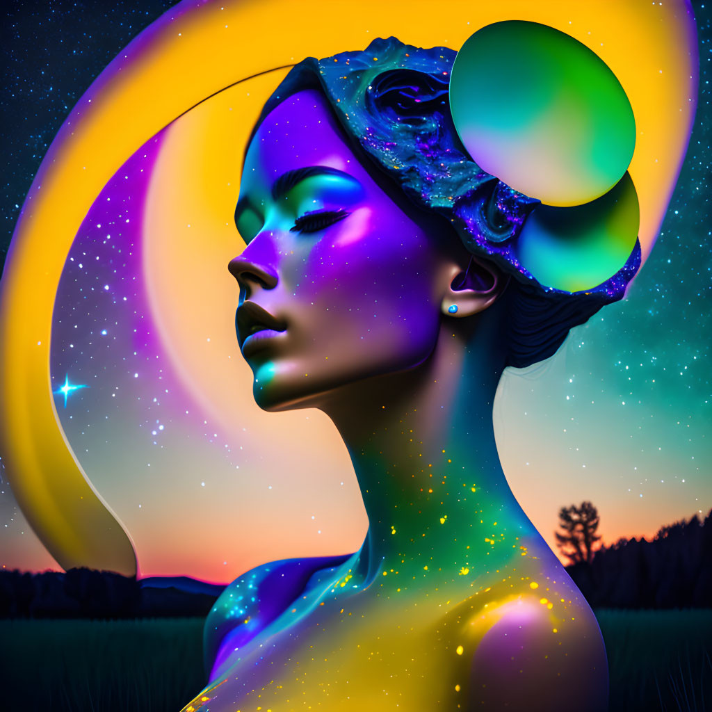 Digital art: Female profile with cosmic skin against neon starry sky