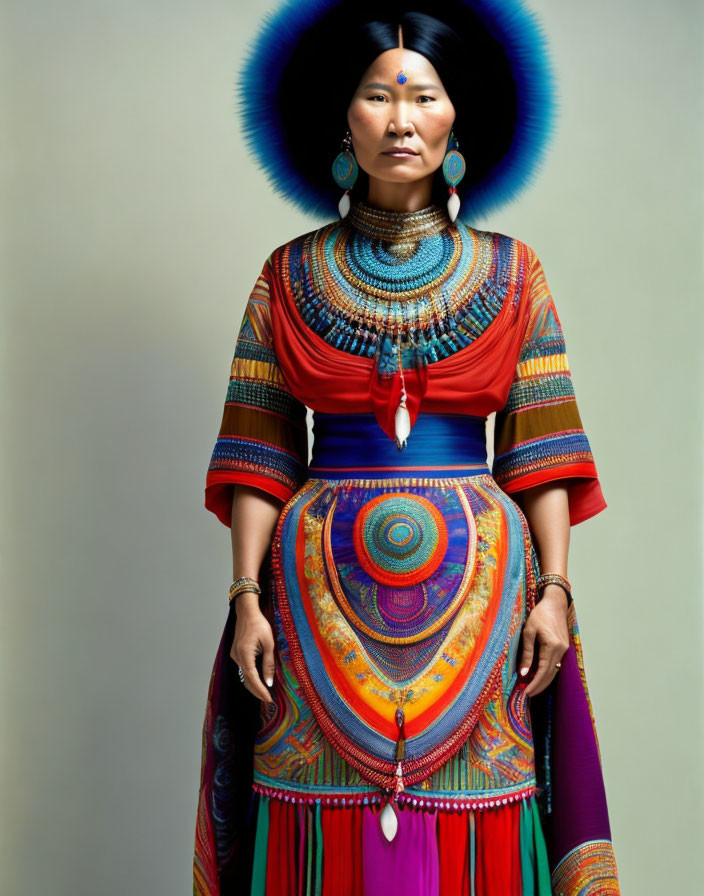 Traditional Attire Woman with Colorful Necklace and Headdress