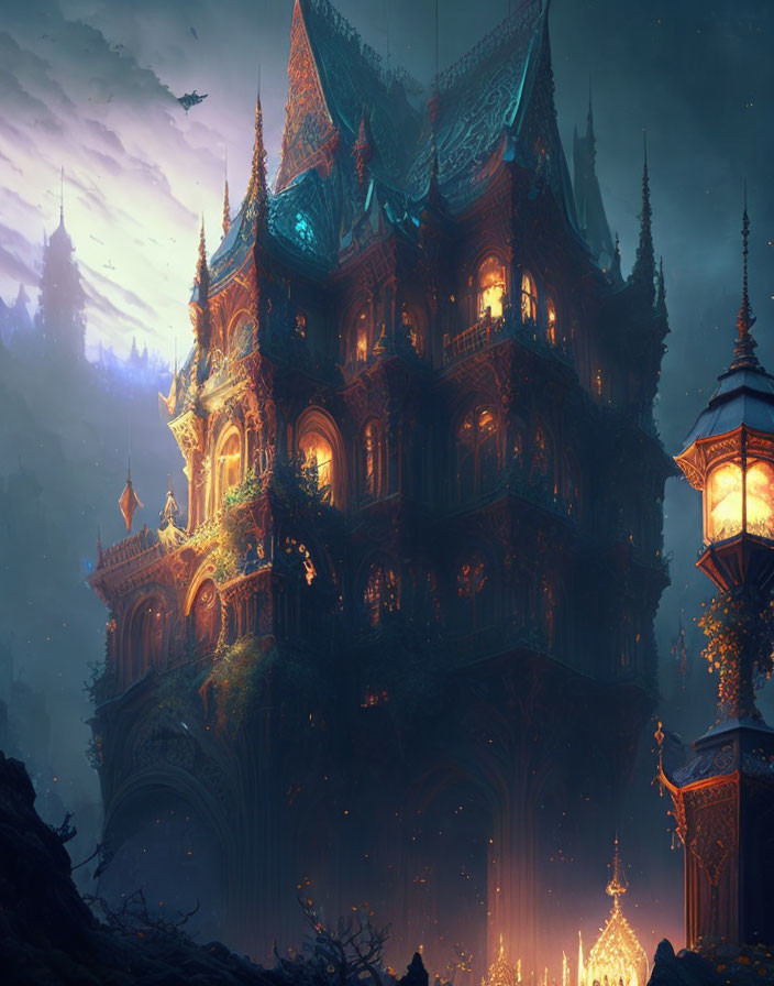 Ethereal Gothic-style mansion in mysterious twilight forest