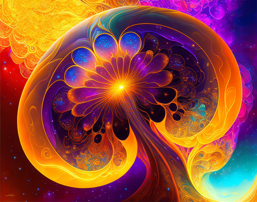 Colorful psychedelic art: Tree-like structure with celestial and fractal elements