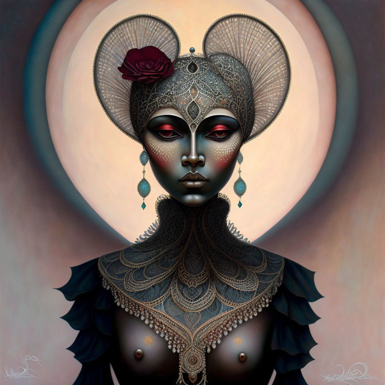 Intricate surreal portrait with metallic headgear and rose adornment