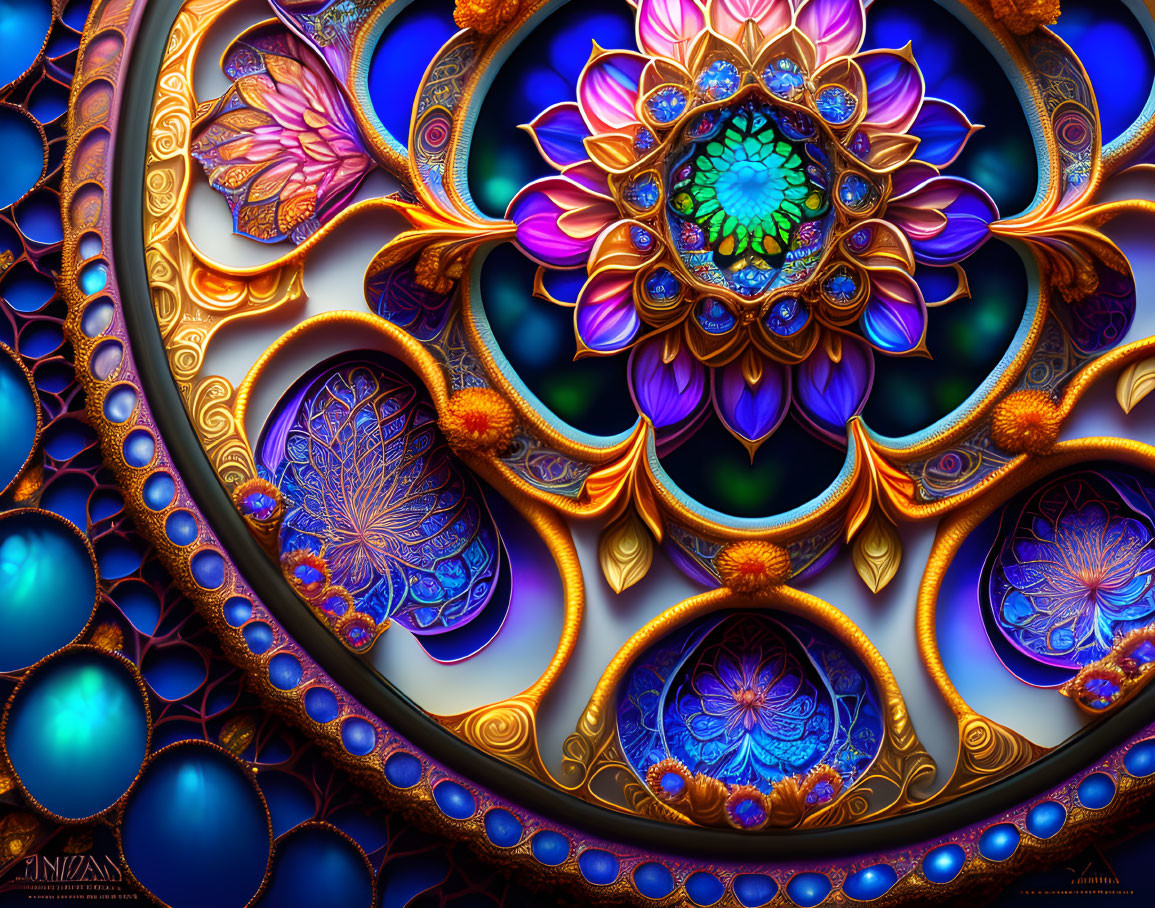 Colorful fractal art with flower-like design and mandala elements in blue, gold, and purple