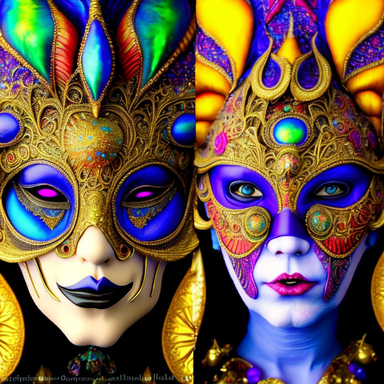 Colorful Venetian masks with peacock feather designs and gold details on black background