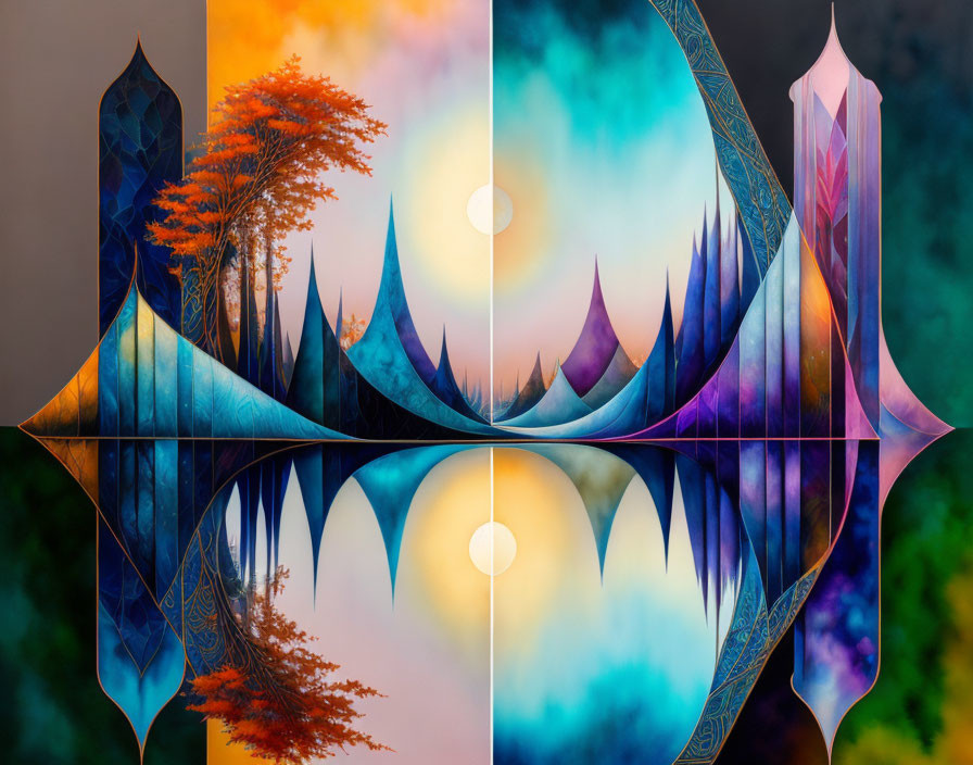 Symmetrical abstract artwork: Colorful fantasy landscape with pointed structures, trees, and mirrored sun on water