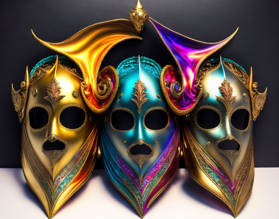 Three ornate Venetian masks with intricate designs and vibrant colors on contrasting background