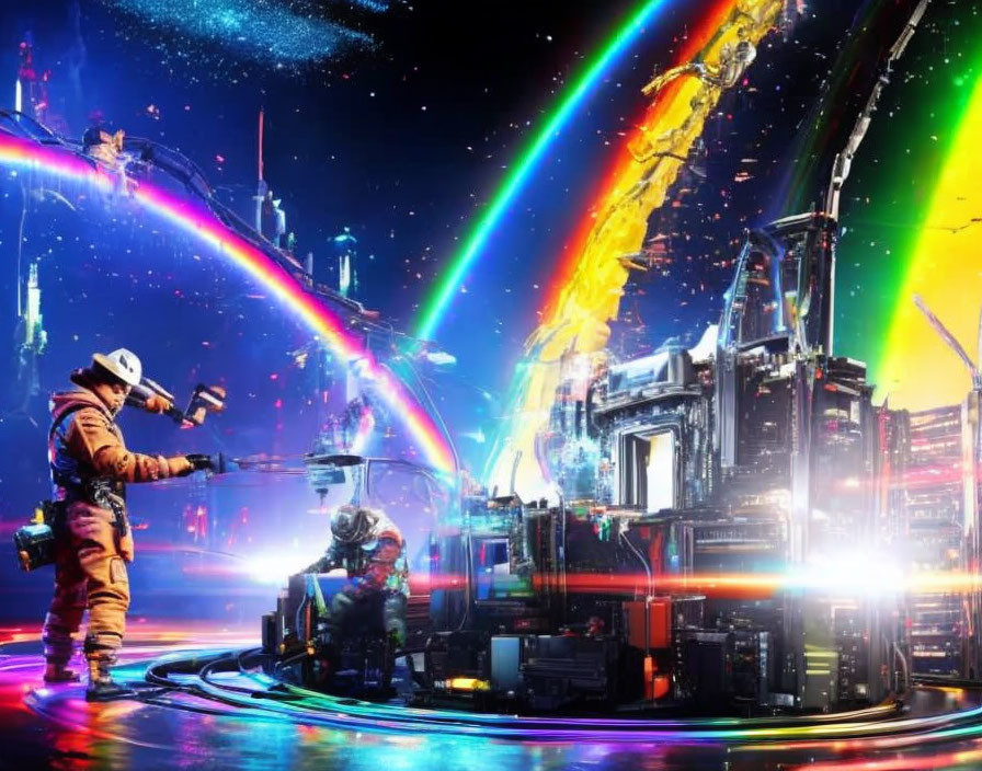 Futuristic sci-fi scene with astronauts and colorful energy beams