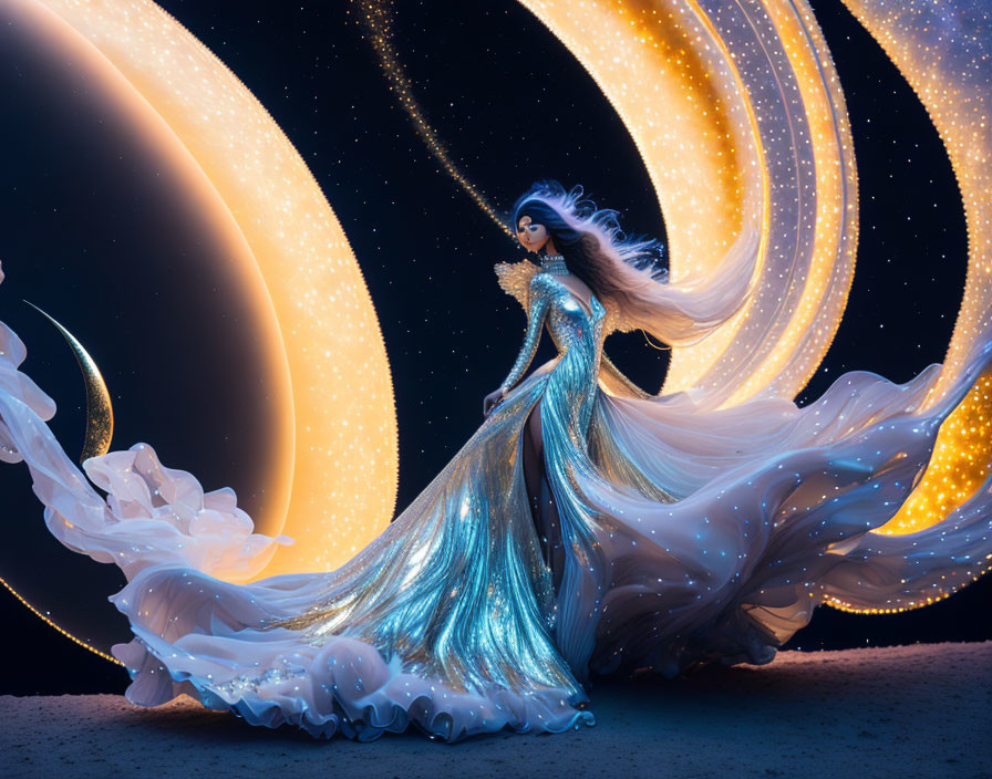 Elegant woman in glowing gown amid golden light trails