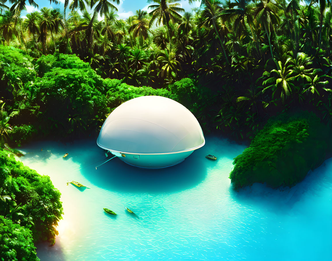 Futuristic dome structure in lush tropical setting with crystal-clear water and boats